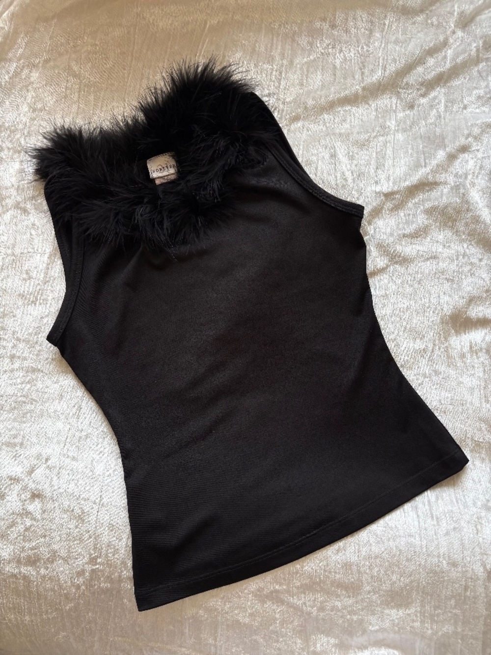 Forever 21 Vintage Y2K Faux Fur Feather Trim Black Sleeveless Tank Top Size S